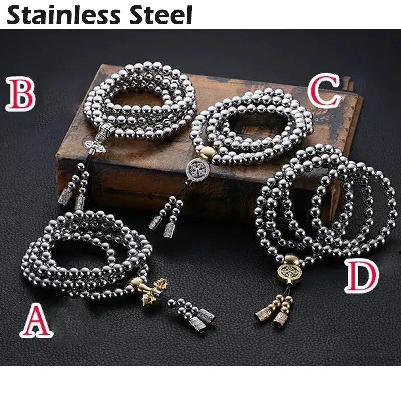 Stainless Steel Buddha Beads Necklace & Destiny Nepal Prayer Hand Bracelet combo